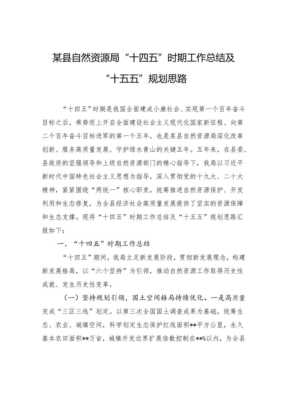 县自然资源局“十四五”时期工作总结及“十五五”规划思路.docx_第1页