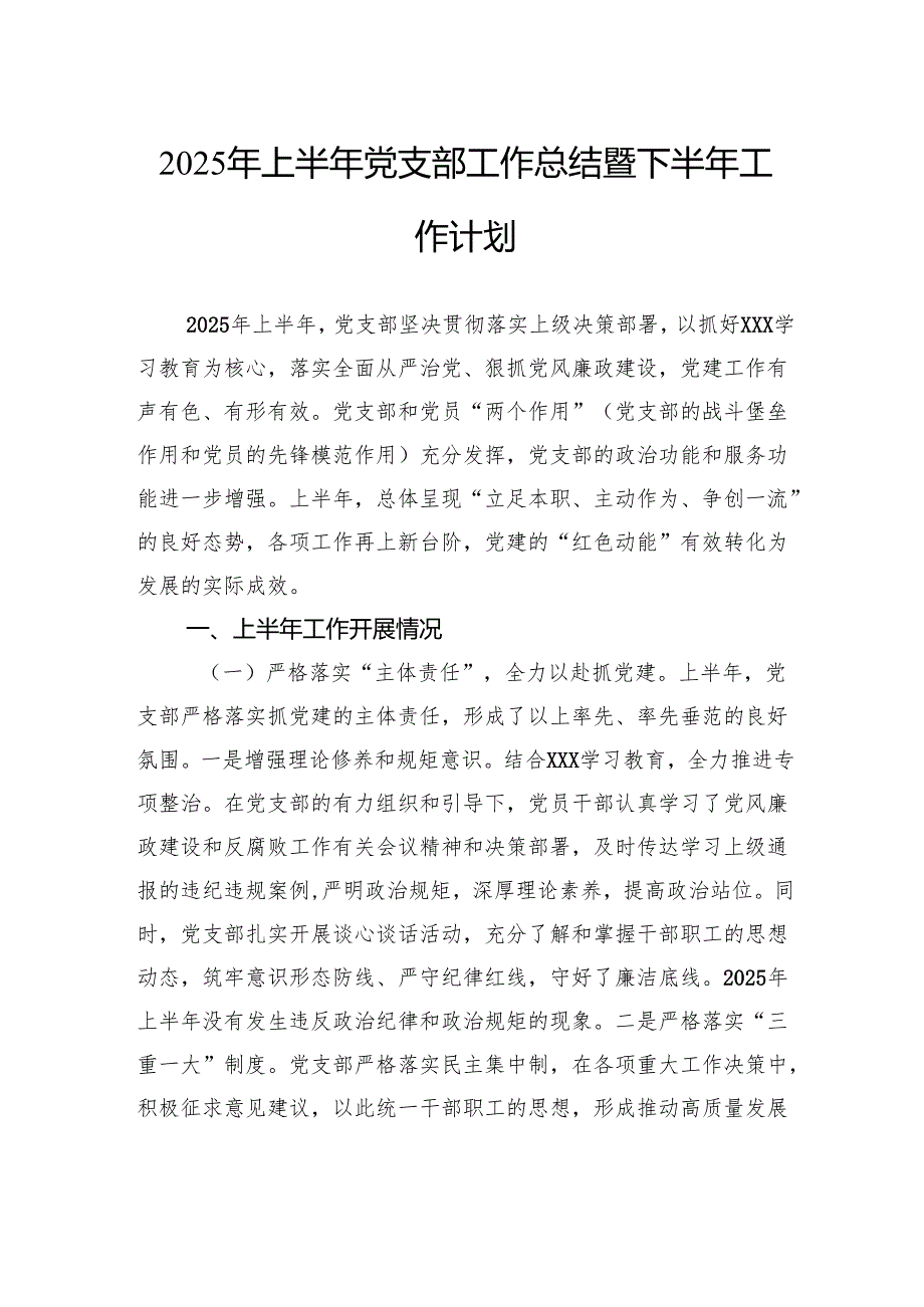 2025年上半年党支部工作总结暨下半年工作计划.docx_第1页