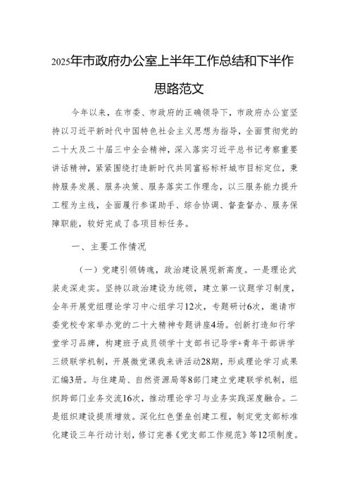 2025年市政府办公室上半年工作总结和下半年工作思路范文.docx
