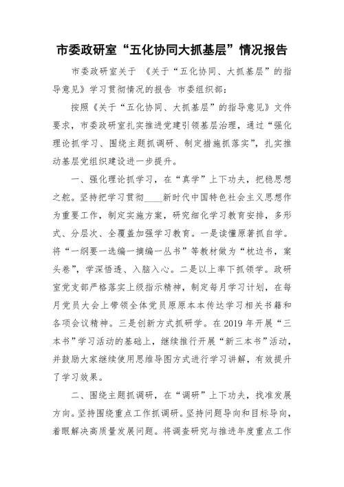 市委政研室五化协同大抓基层情况报告.doc