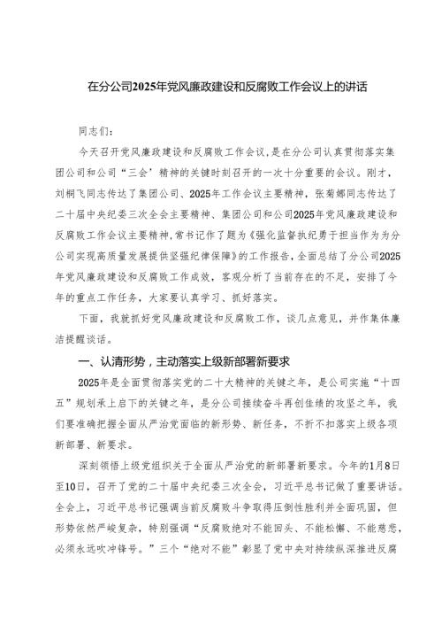 在分公司2025年党风廉政建设和反腐败工作会议上的讲话 （6篇）.docx