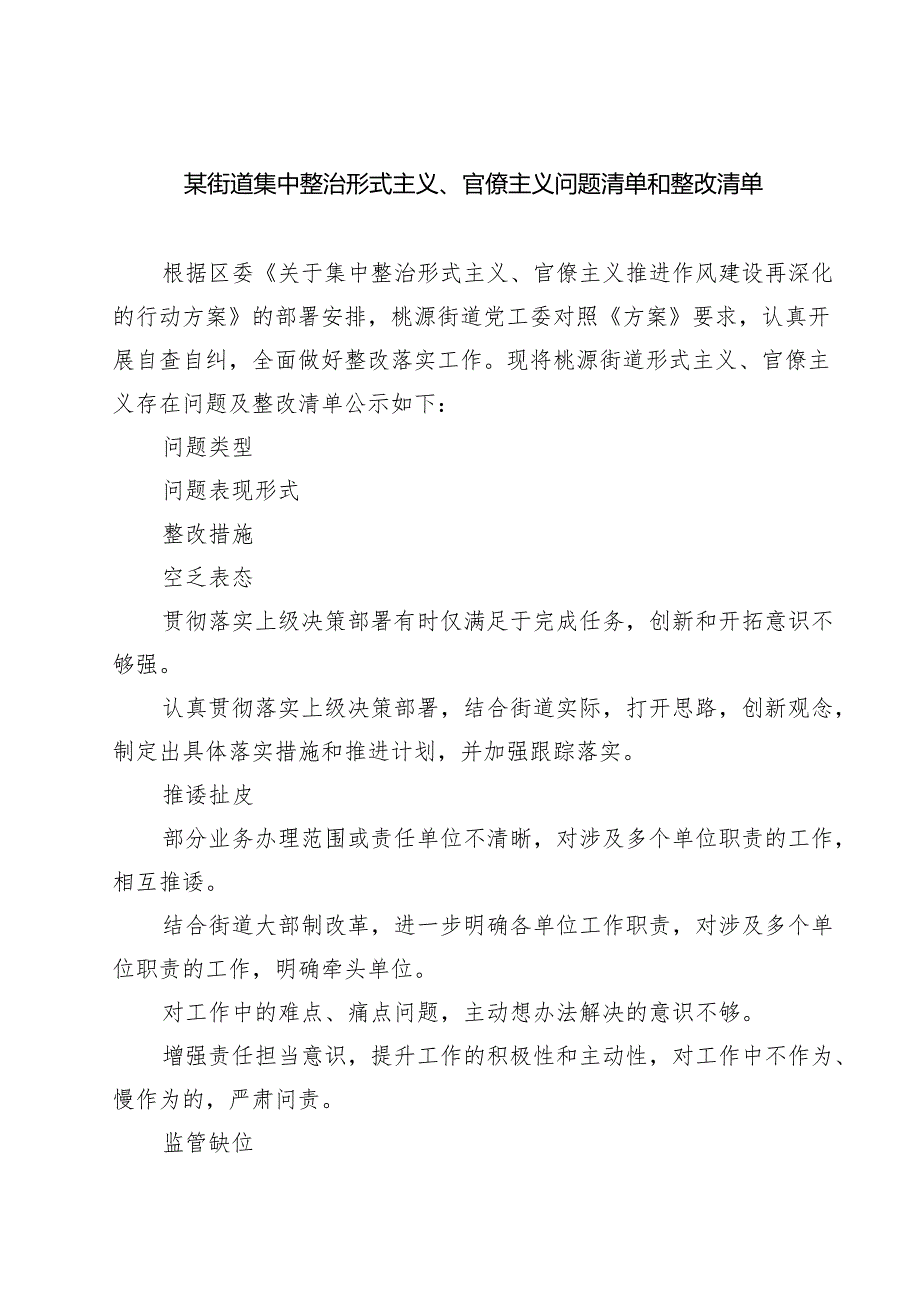 7篇 某街道集中整治形式主义、官僚主义问题清单和整改清单（集合）.docx_第1页