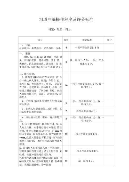 泪道冲洗操作程序及评分标准范本模板.docx