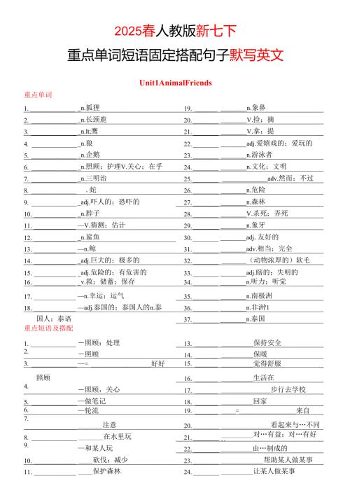 2025人教版新七下重点单词、短语和固定搭配、句子默写专项练习.docx