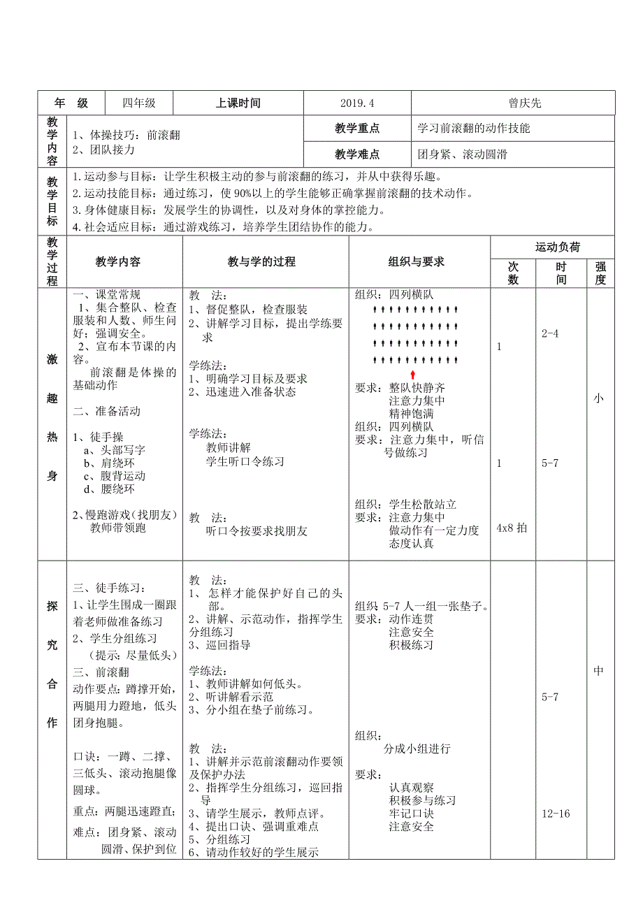 小学四年级体育课前滚翻教学设计.doc_第2页