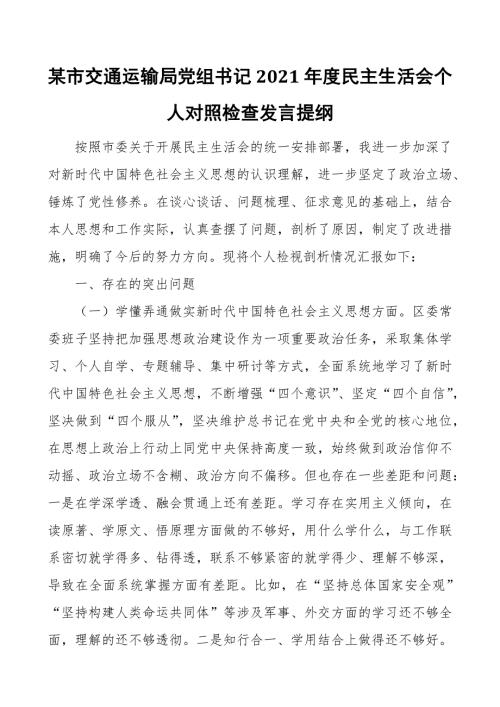 某市交通运输局党组书记2021民主生活会个人对照检查发言提纲.docx