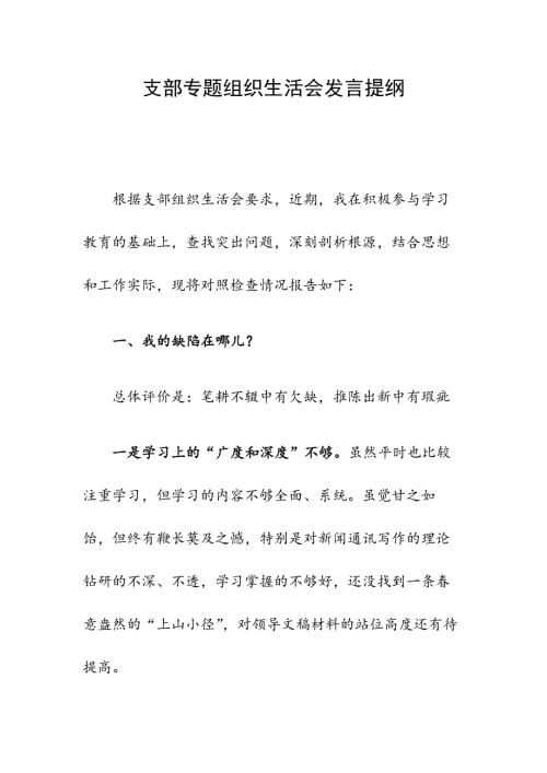 支部专题组织生活会发言提纲例文.docx