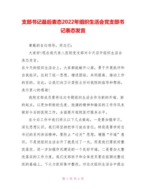 支部书记最后表态2022年组织生活会党支部书记表态发言.doc