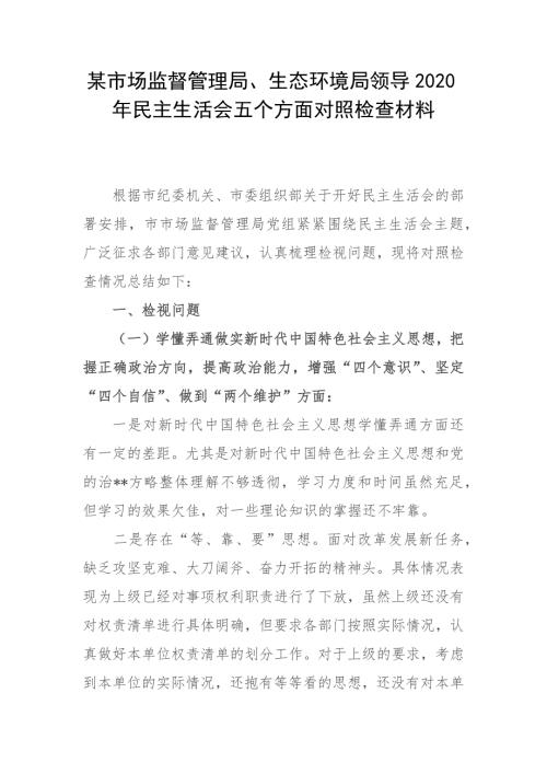 某市场监督管理局生态环境局领导2020年民主生活会五个方面对照检查材料.docx