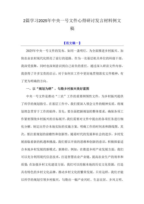 2篇学习2025年中央一号文件心得研讨发言材料例文稿.docx