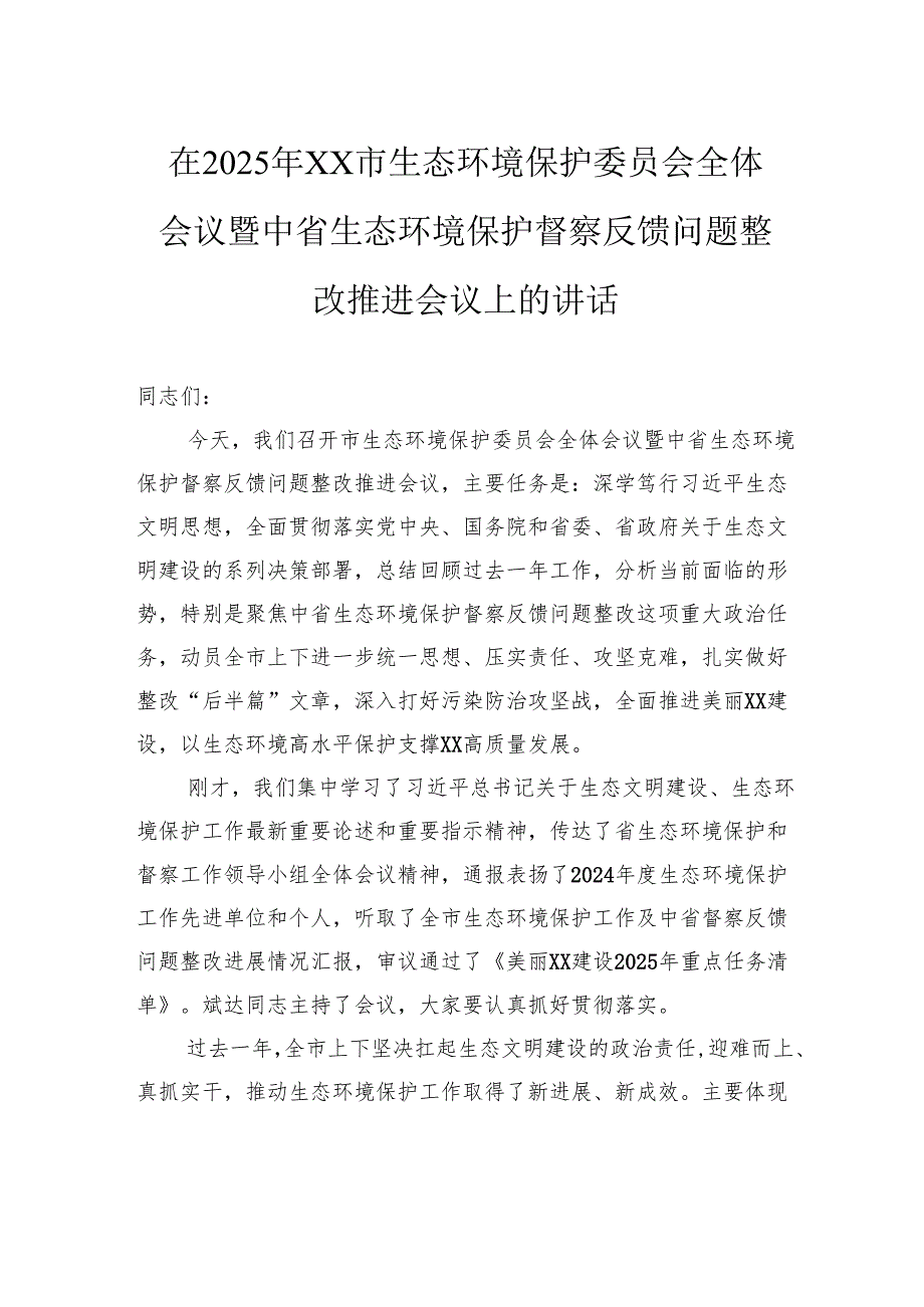 在2025年市生态环境保护委员会全体会议暨中省生态环境保护督察反馈问题整改推进会议上的讲话.docx_第1页