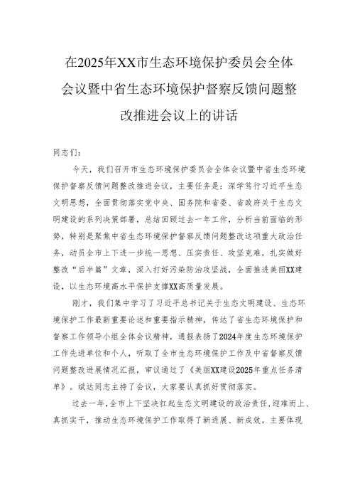 在2025年市生态环境保护委员会全体会议暨中省生态环境保护督察反馈问题整改推进会议上的讲话.docx
