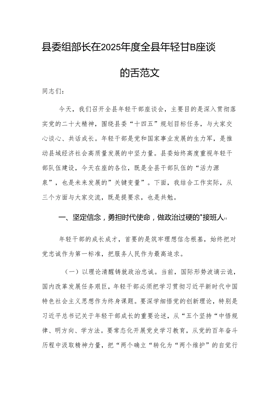 组织部长在2025年轻干部座谈会上的讲话范文.docx_第1页