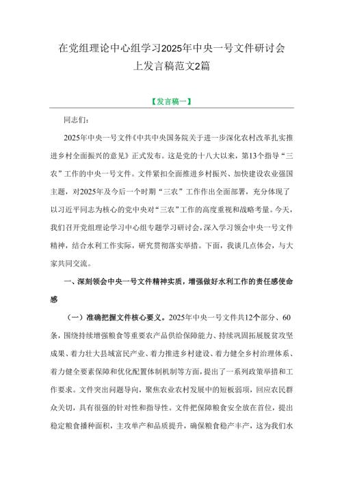 在党组理论中心组学习2025年中央一号文件研讨会上发言稿范文2篇.docx