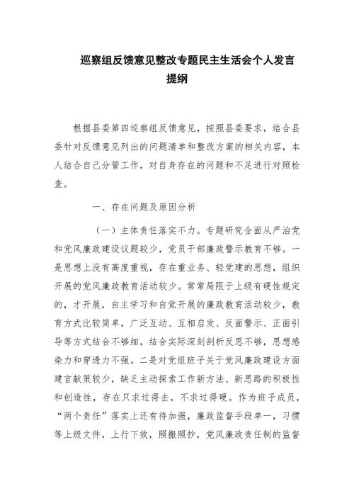 巡察组反馈意见整改专题民主生活会个人发言提纲2021年范文.docx