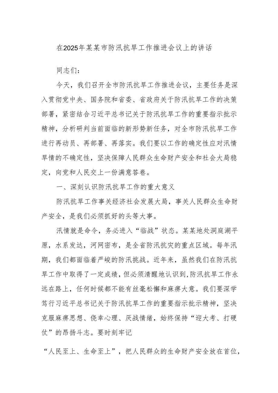 在2025年某某市防汛抗旱工作推进会议上的讲话.docx_第1页