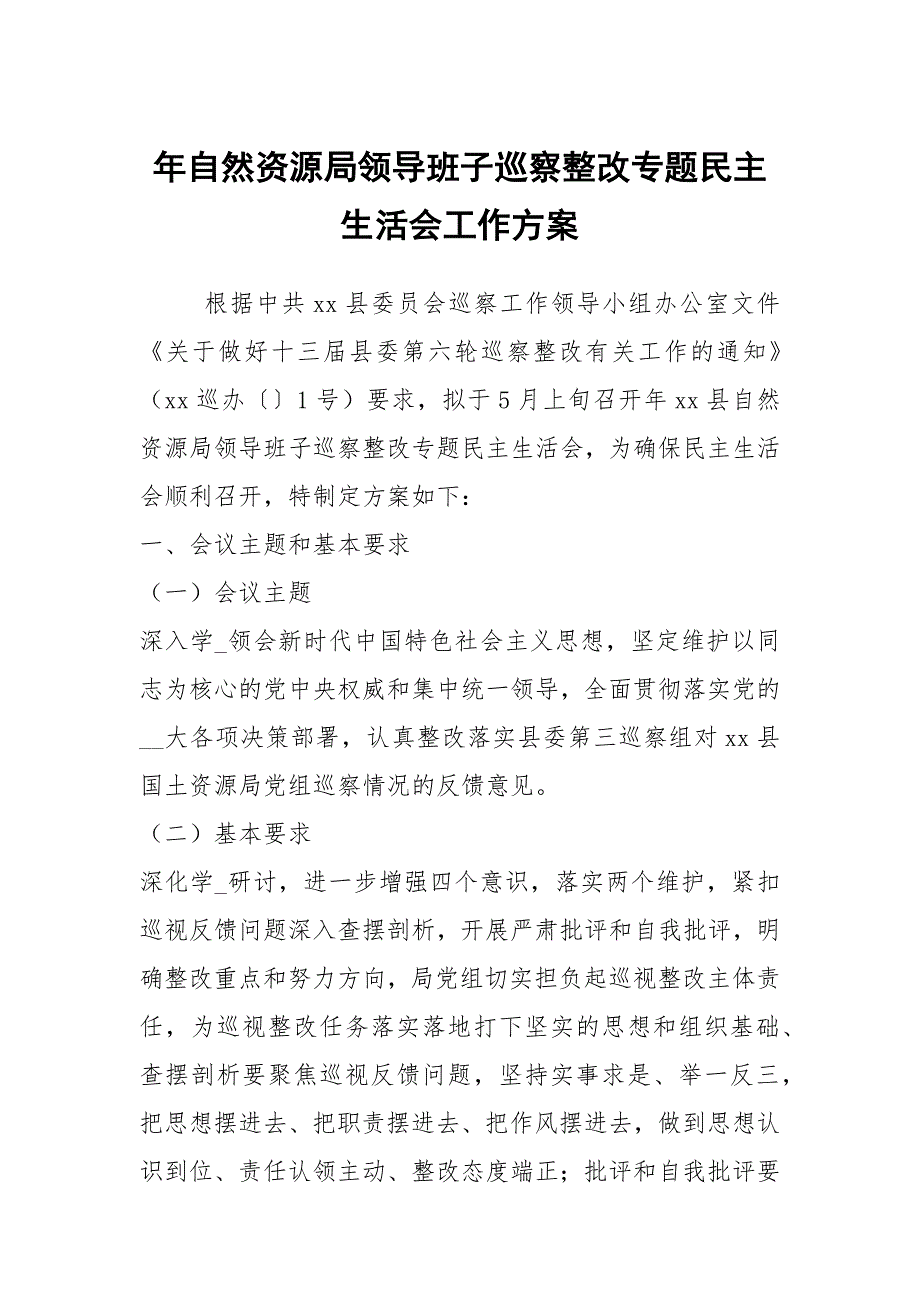 年自然资源局领导班子巡察整改专题民主生活会工作方案.docx_第1页