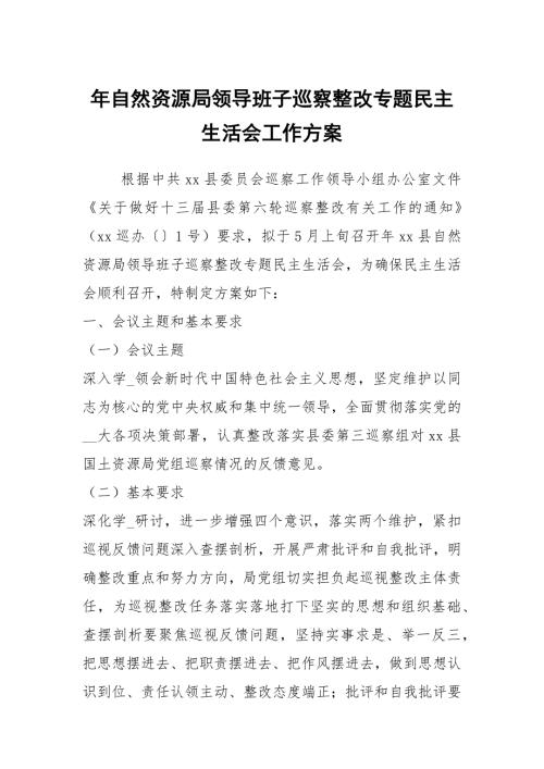 年自然资源局领导班子巡察整改专题民主生活会工作方案.docx