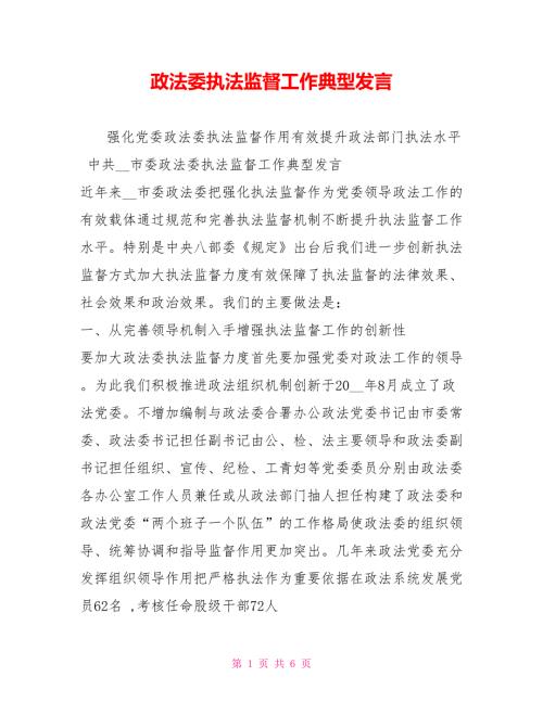 政法委执法监督工作典型发言.doc