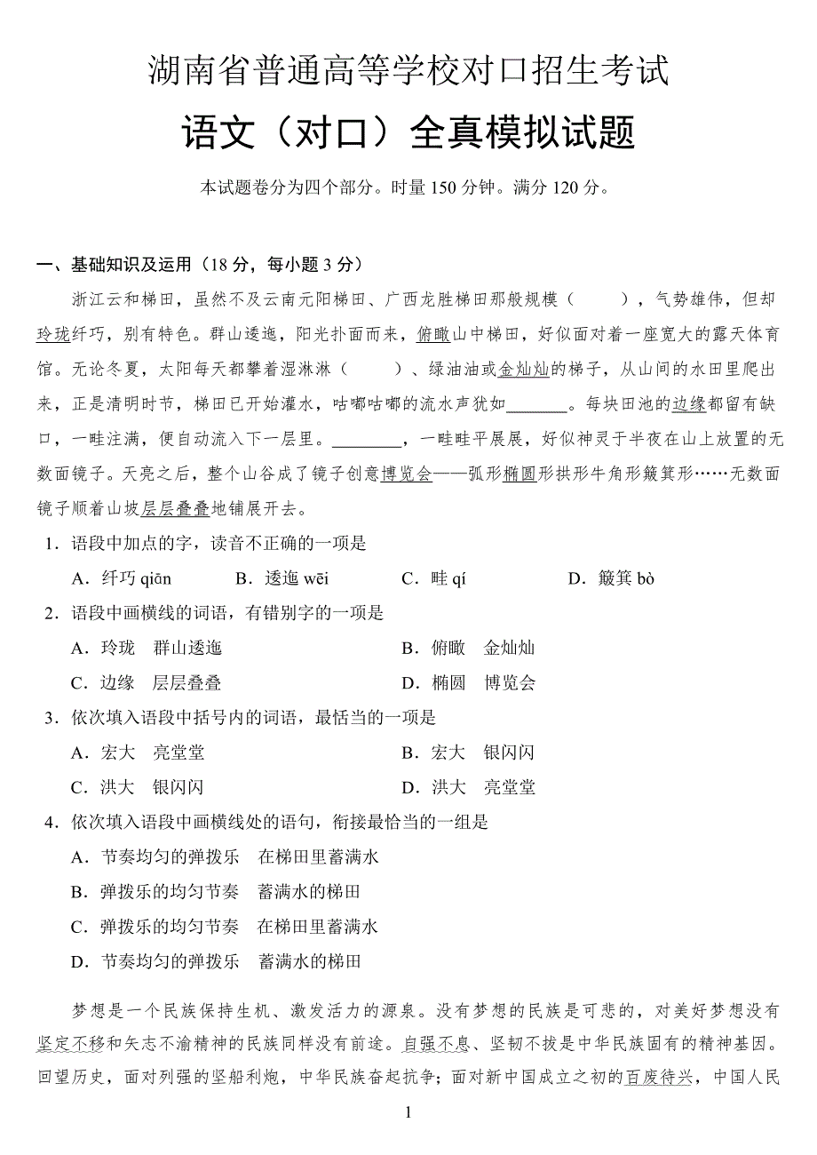湖南省对口升学考试语文全真模拟试题.doc_第1页