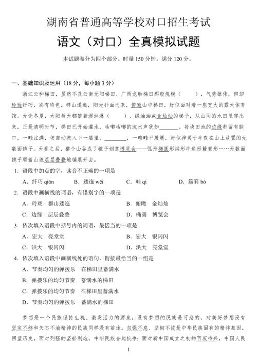 湖南省对口升学考试语文全真模拟试题.doc