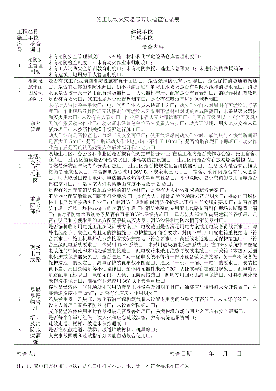 施工现场火灾隐患专项检查记录表.docx_第1页