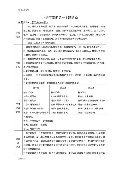 小班下学期主题计划清单.doc
