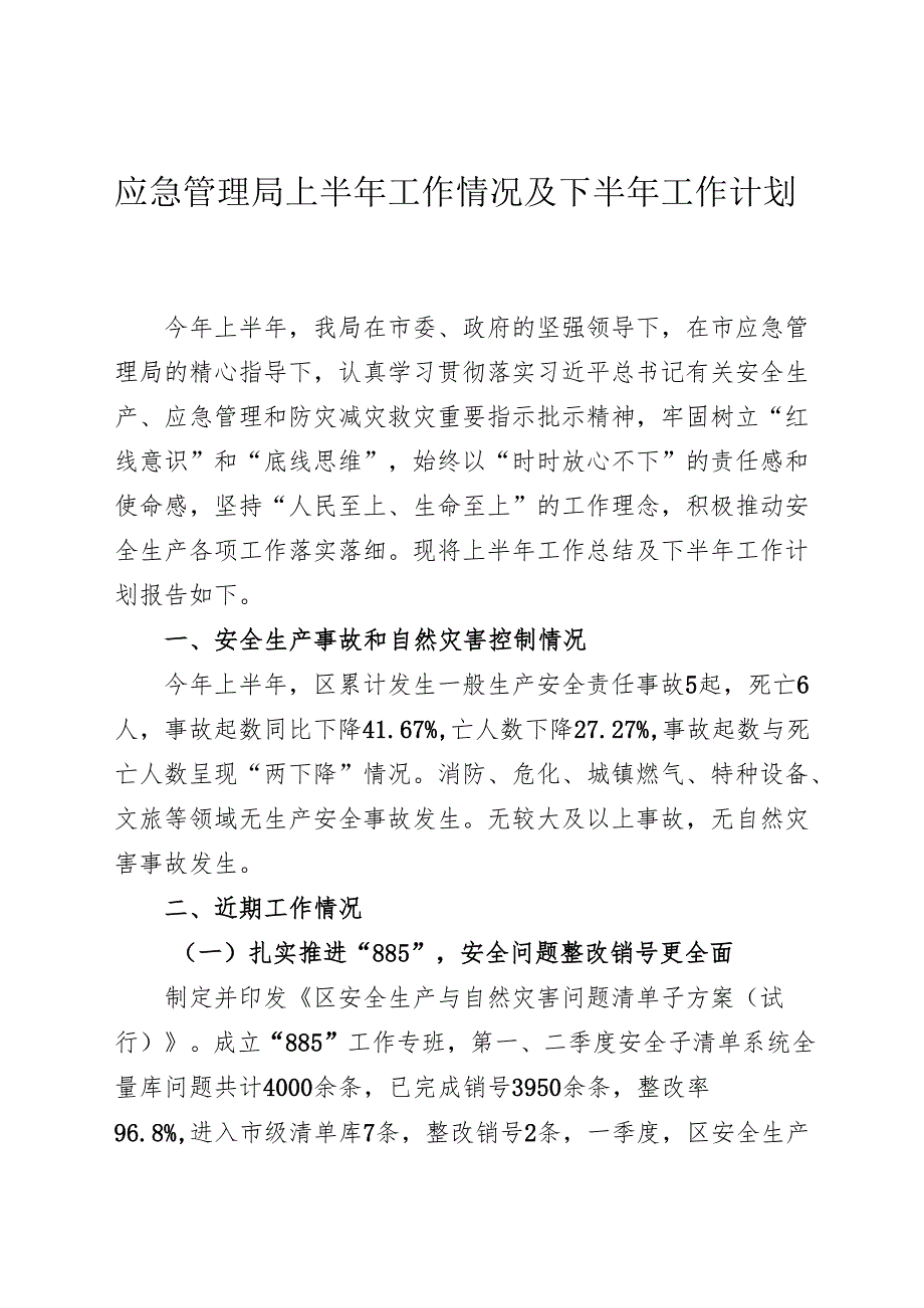 应急管理局上半年工作情况及下半年工作计划.docx_第1页