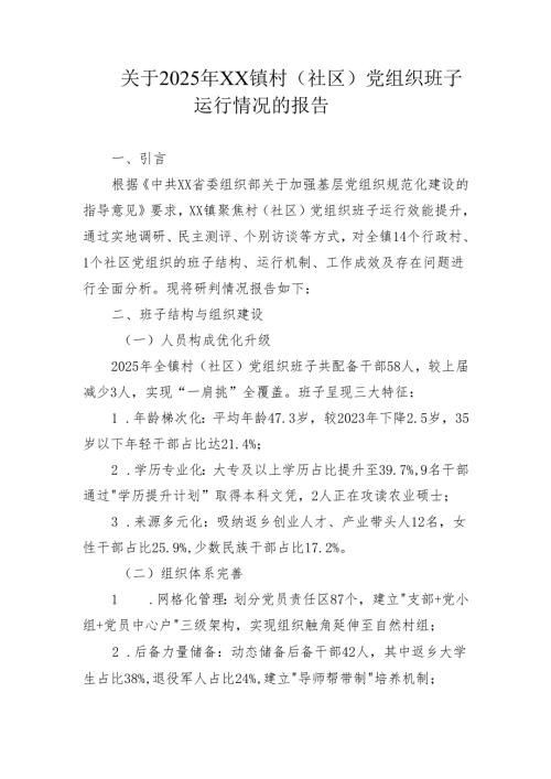 关于2025年XX镇村（社区）党组织班子运行情况的报告.docx