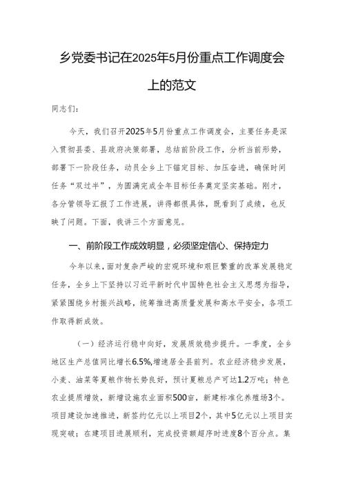 乡党委书记在2025年5月份重点工作调度会上的讲话范文.docx