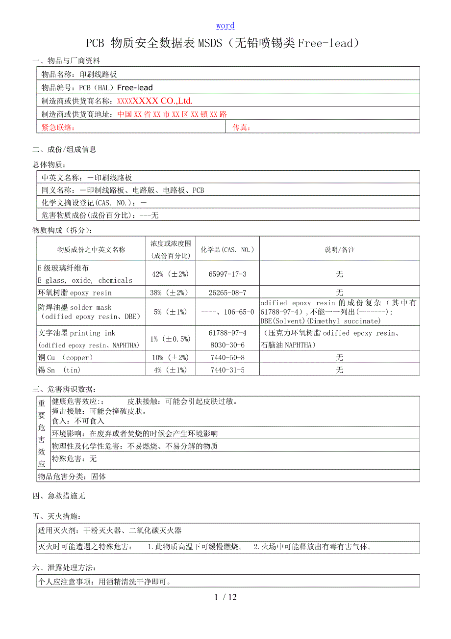 电路板PCBMSDS新颖全面包含所有表格面处理.doc_第1页