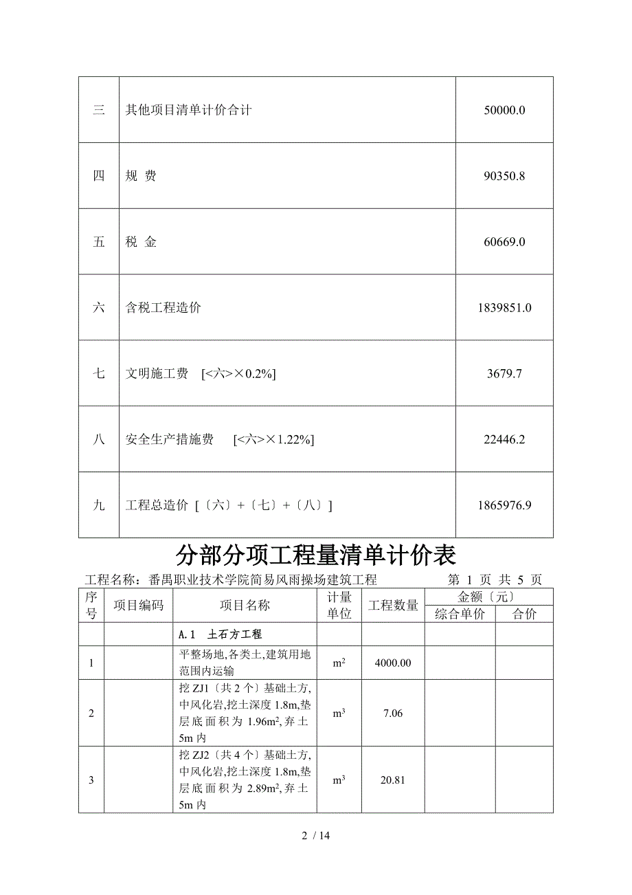 工程量清单报价表风雨操场.doc_第2页