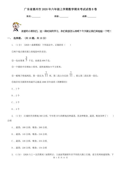 广东省惠州市2020年六年级上学期数学期末考试试卷B卷.doc