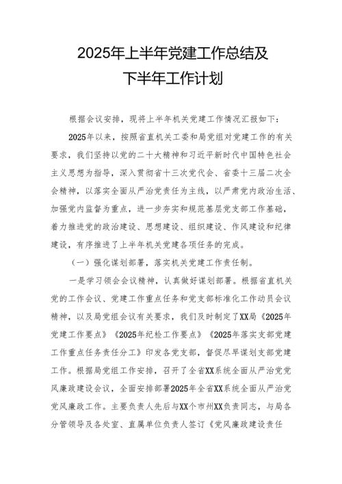 开展2025年上半年《党建工作总结》及下半年工作计划汇编14份.docx