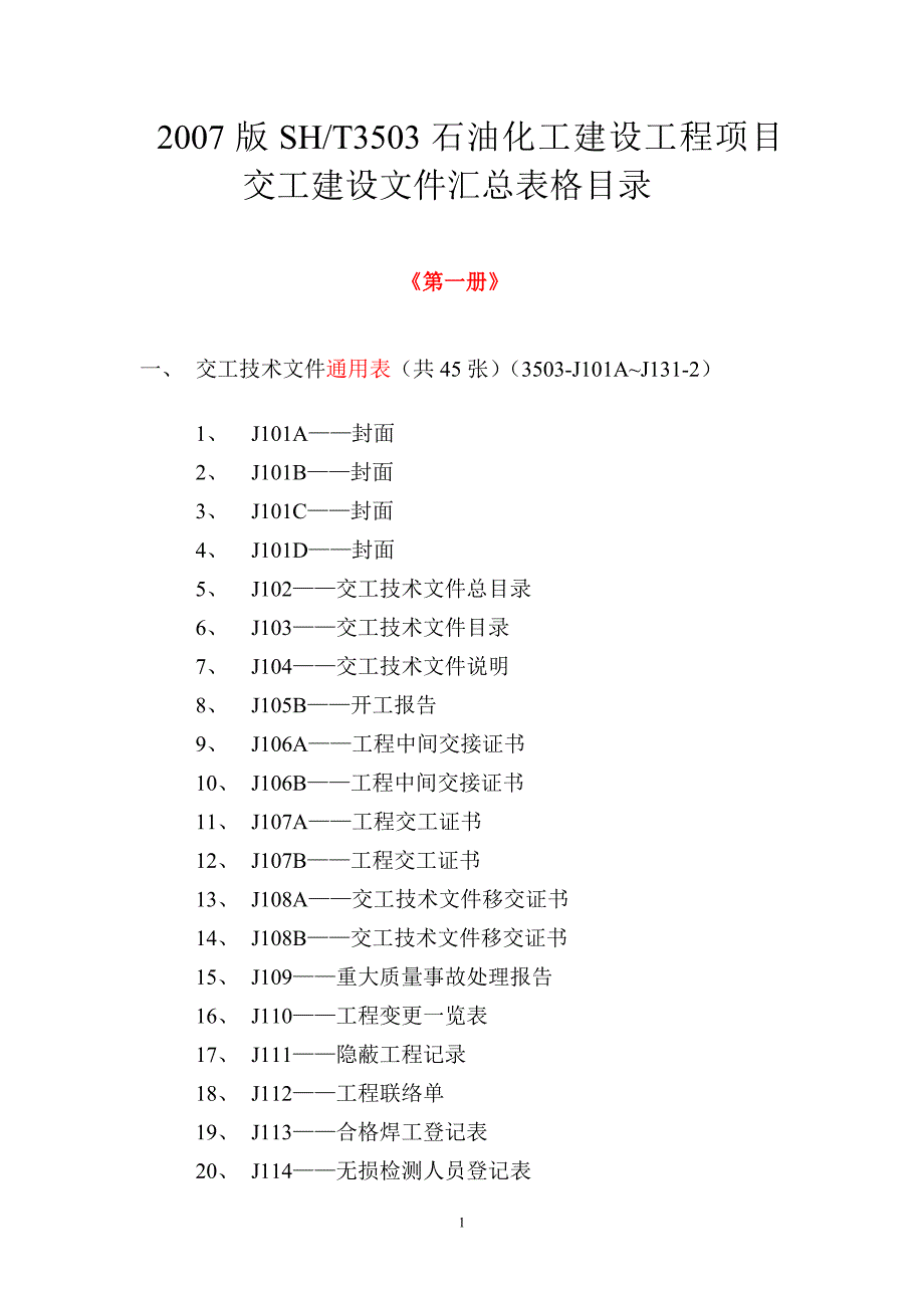 石油化工建设工程项目交工技术文件规定SHT3503交工资料表格目录清单.doc_第1页