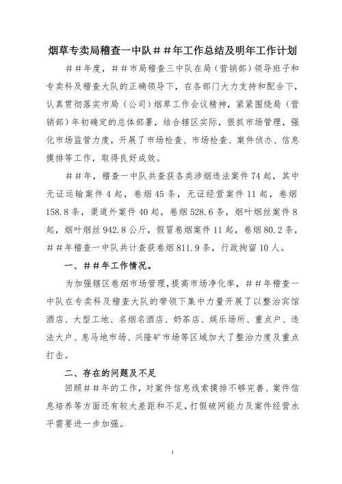 烟草专卖局稽查一中队工作总结及明年工作计划.doc