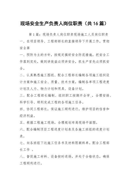 现场安全生产负责人岗位职责共16篇.docx