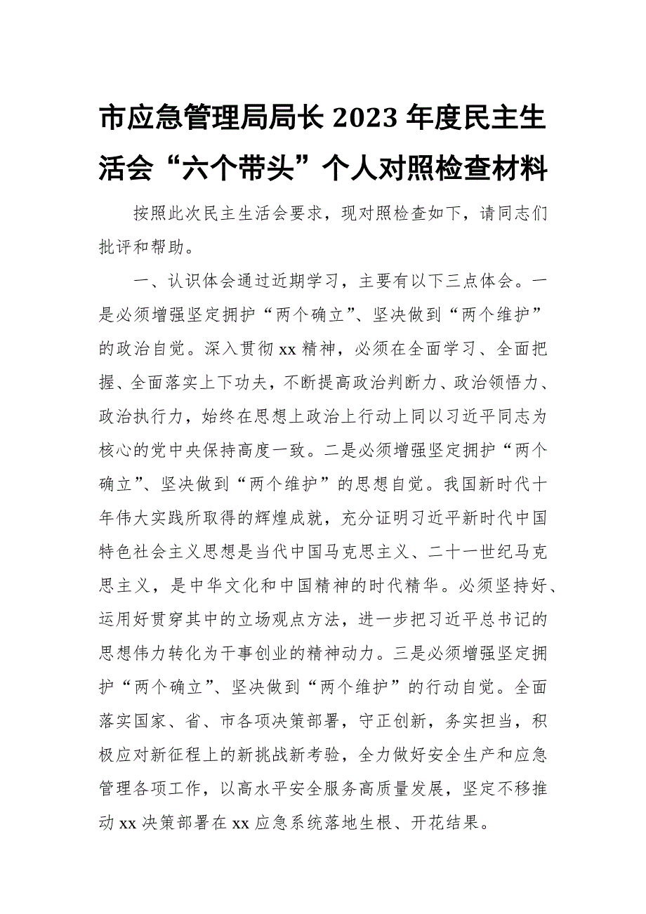 市应急管理局局长2023民主生活会六个带头个人对照检查材料.docx_第1页