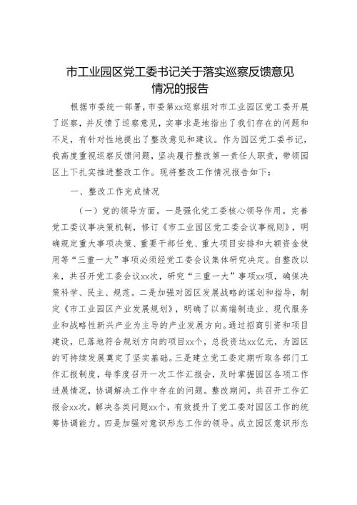 市工业园区党工委书记关于落实巡察反馈意见情况的报告.docx
