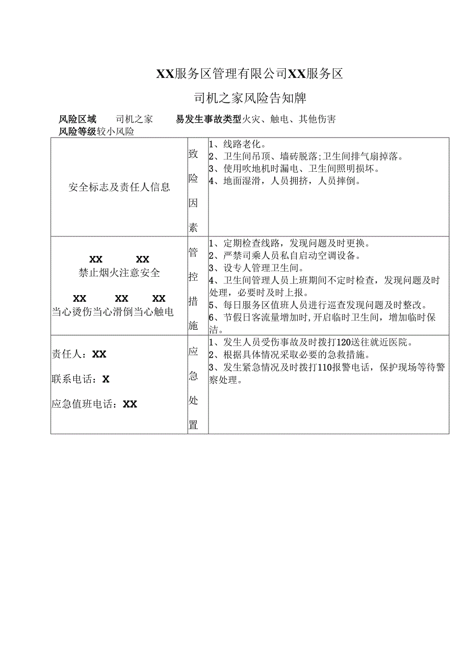 XX服务区管理有限公司XX服务区司机之家风险告知牌（2025年）.docx_第1页