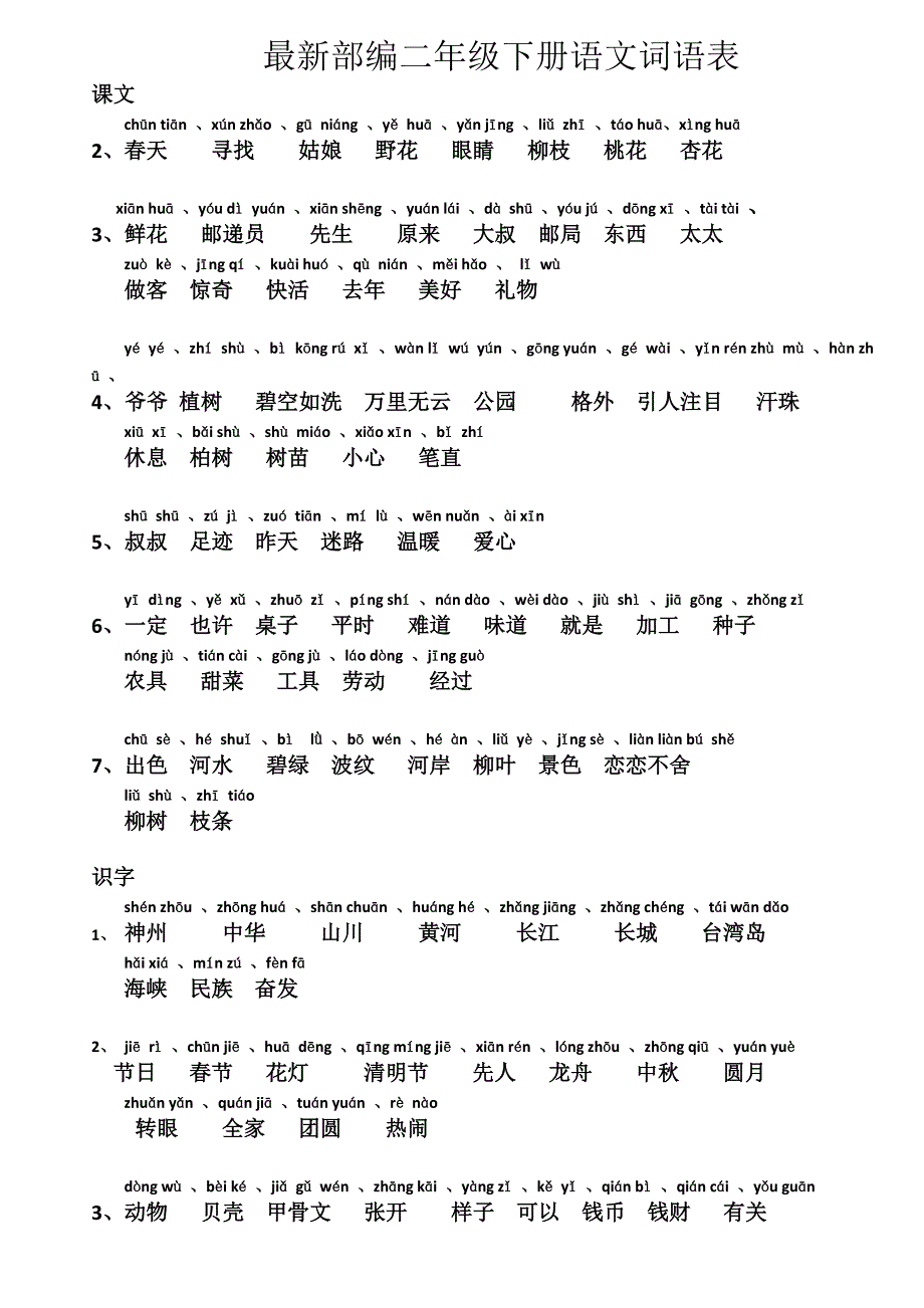 最新部编二年级下册语文词语表带拼音.doc_第1页