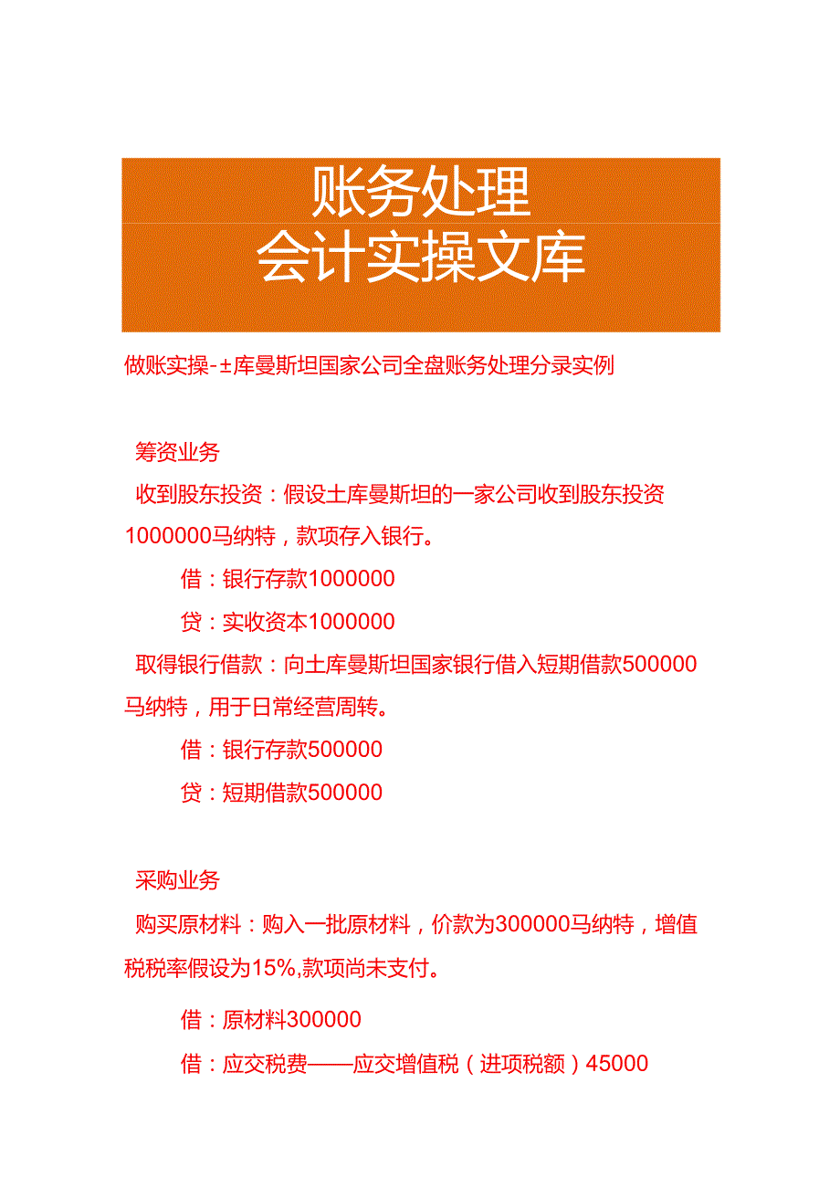 做账实操土库曼斯坦公司全盘账务处理分录实例.docx_第1页