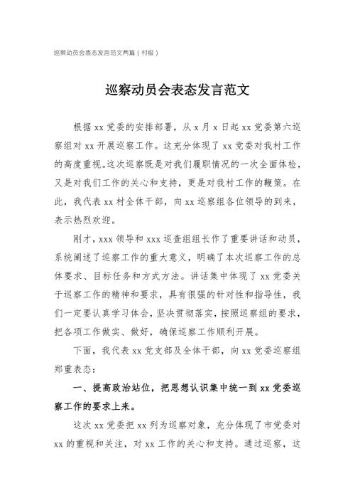 巡察动员会表态发言范文两篇村级.doc