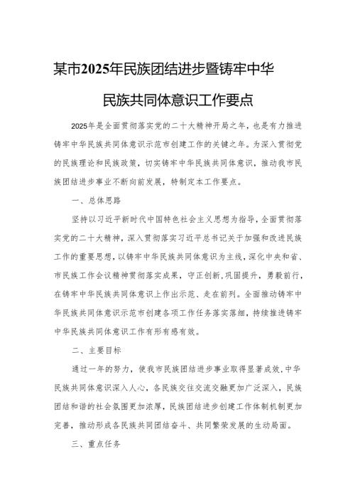 某市2025年民族团结进步暨铸牢中华民族共同体意识工作要点.docx
