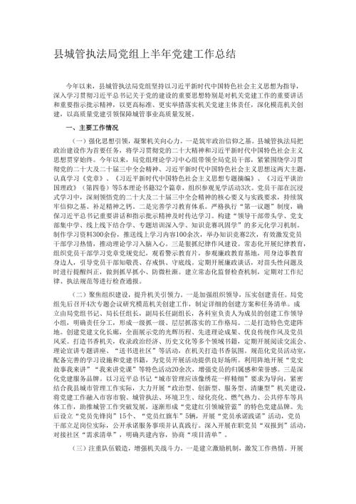 县城管执法局党组上半年党建工作总结.docx