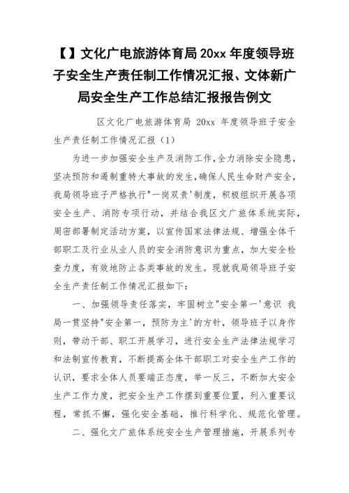 文化广电旅游体育局20xx领导班子安全生产责任制工作情况汇报文体新广局安全生产工作总结汇报报告例文.docx