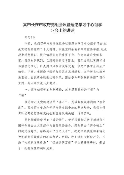 某市长在市政府党组会议暨理论学习中心组学习会上的讲话.docx