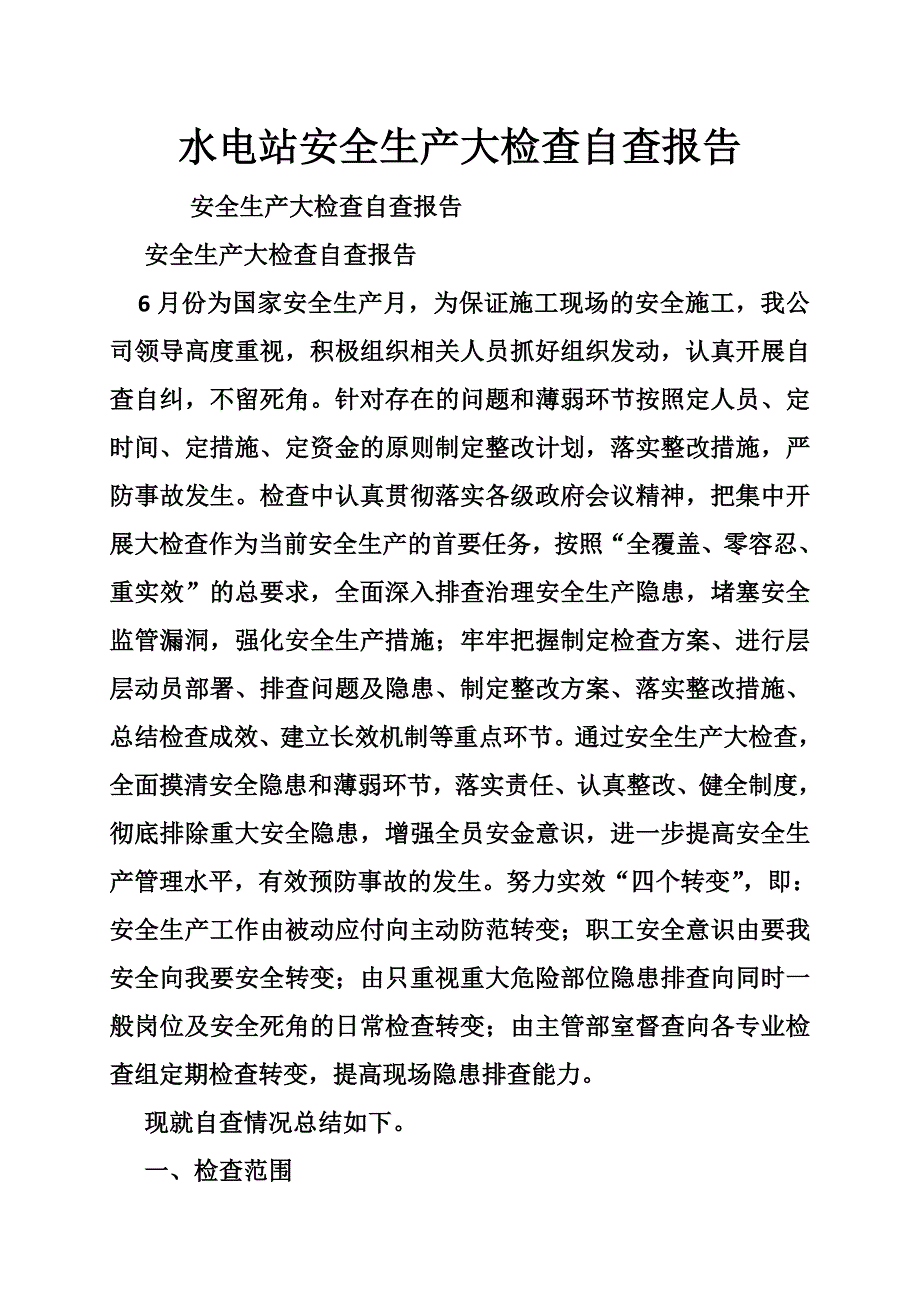 水电站安全生产大检查自查报告.doc_第1页