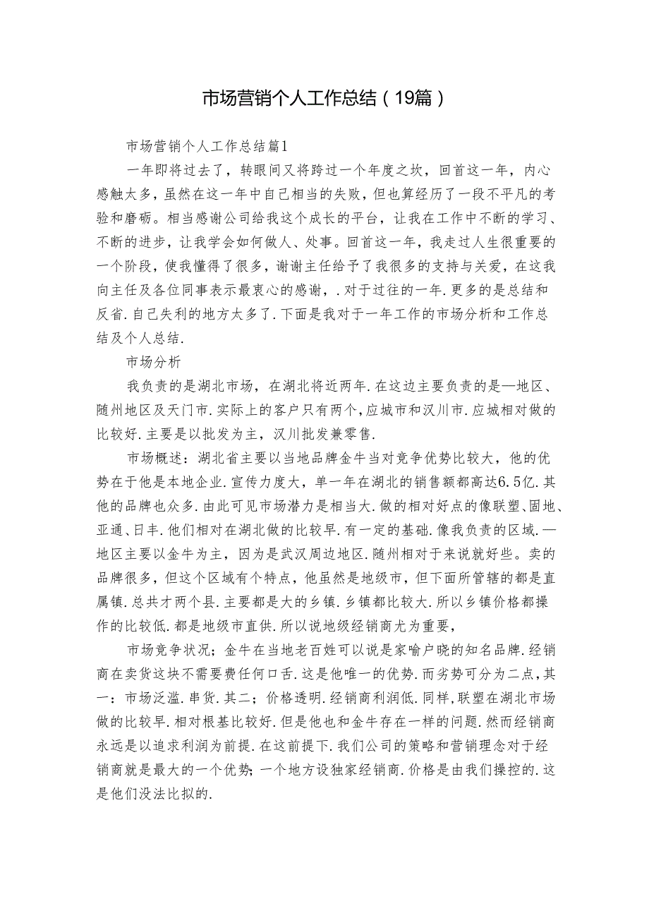 市场营销个人工作总结（19篇）.docx_第1页