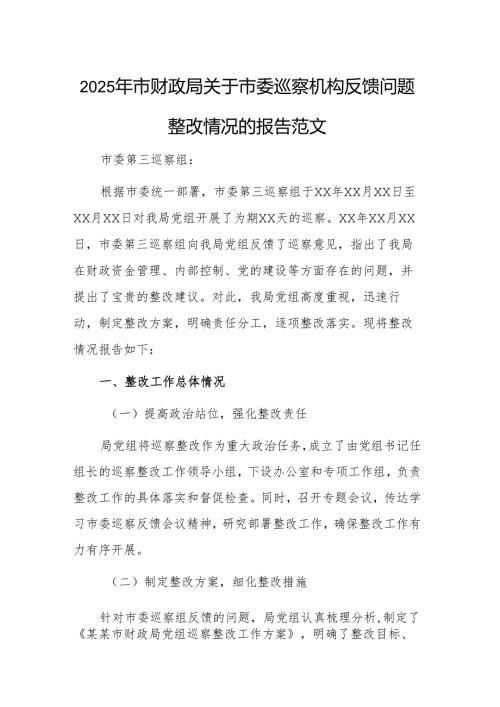 2025年财政机关关于市委巡察机构反馈问题整改情况的报告范文.docx